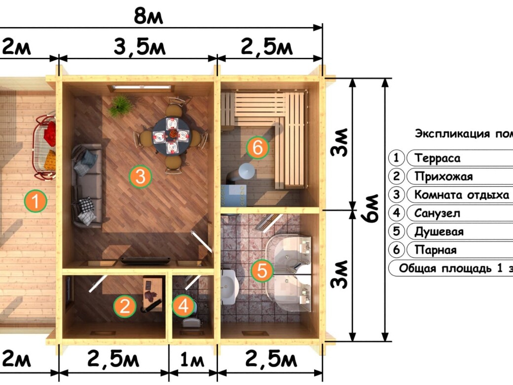 Размеры бруса в бане в комнате отдыха и коридоре